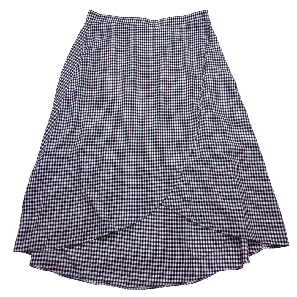 LOFT Black White Gingham Faux Wrap High Low Midi Skirt Size 4 473354
